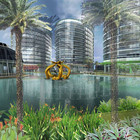 Rendering of the park and the lake with the fountain installed
